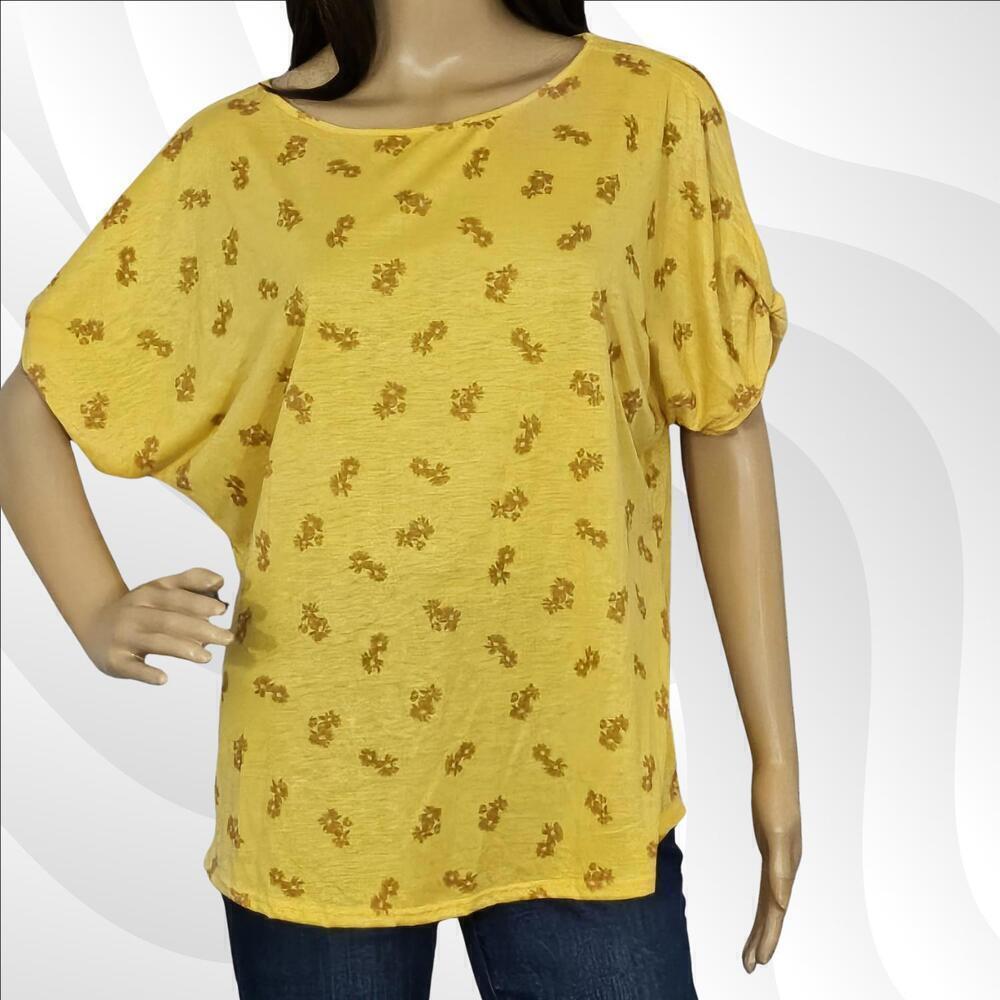 2/$30 Colette Yellow Floral Slit Twist Sleeve Blouse Size L | Bright & Feminine